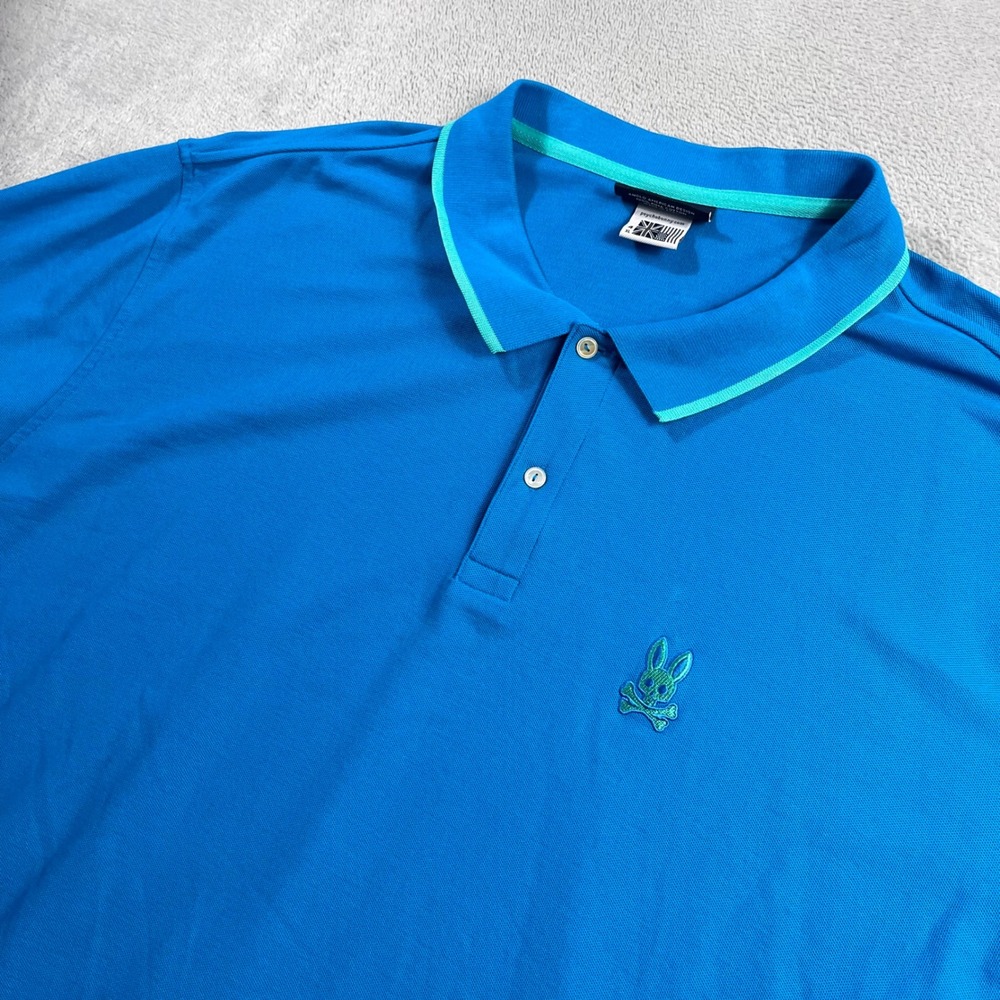 Psycho Bunny Mens‎ Blue Short Sleeve Pique Polo Shirt Logo Teal Trim Size 4 XL